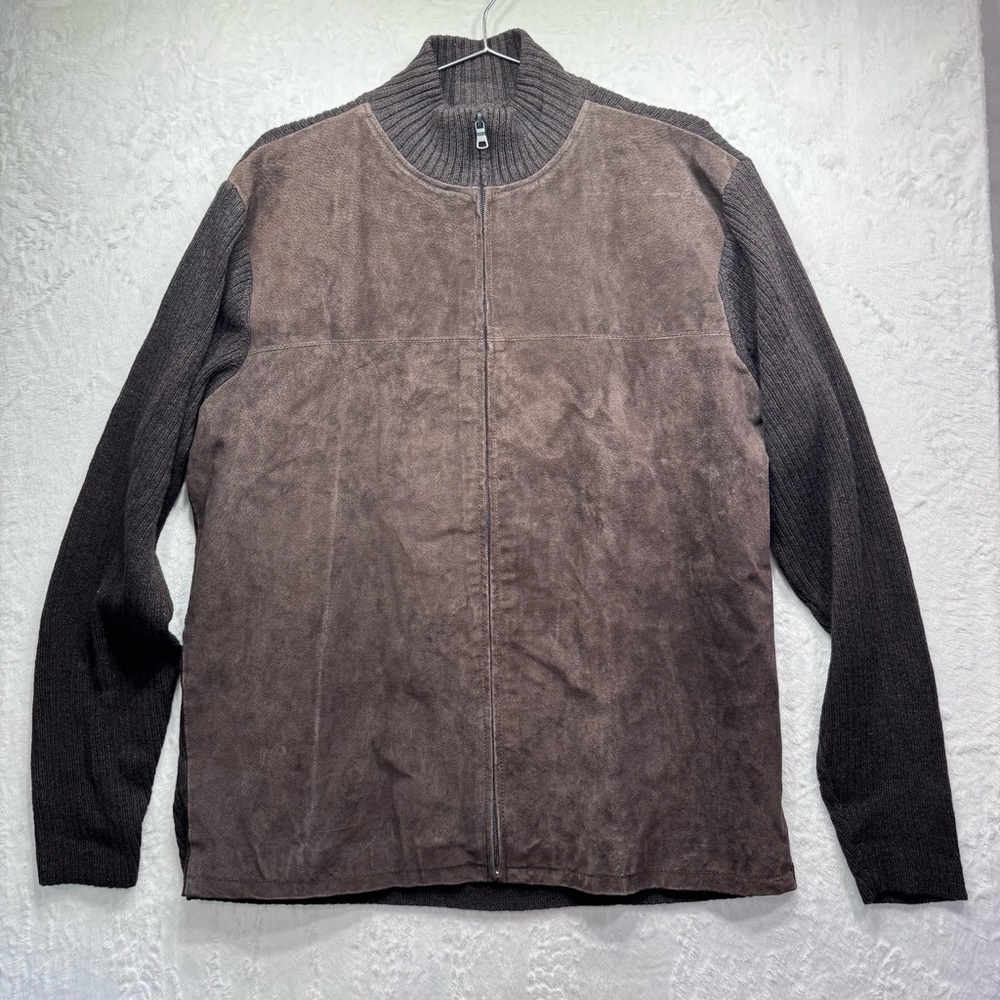 Dark Brown Suede & Knit Jacket Zip Front Vintage Y2K Crazy Horse Cottagecore